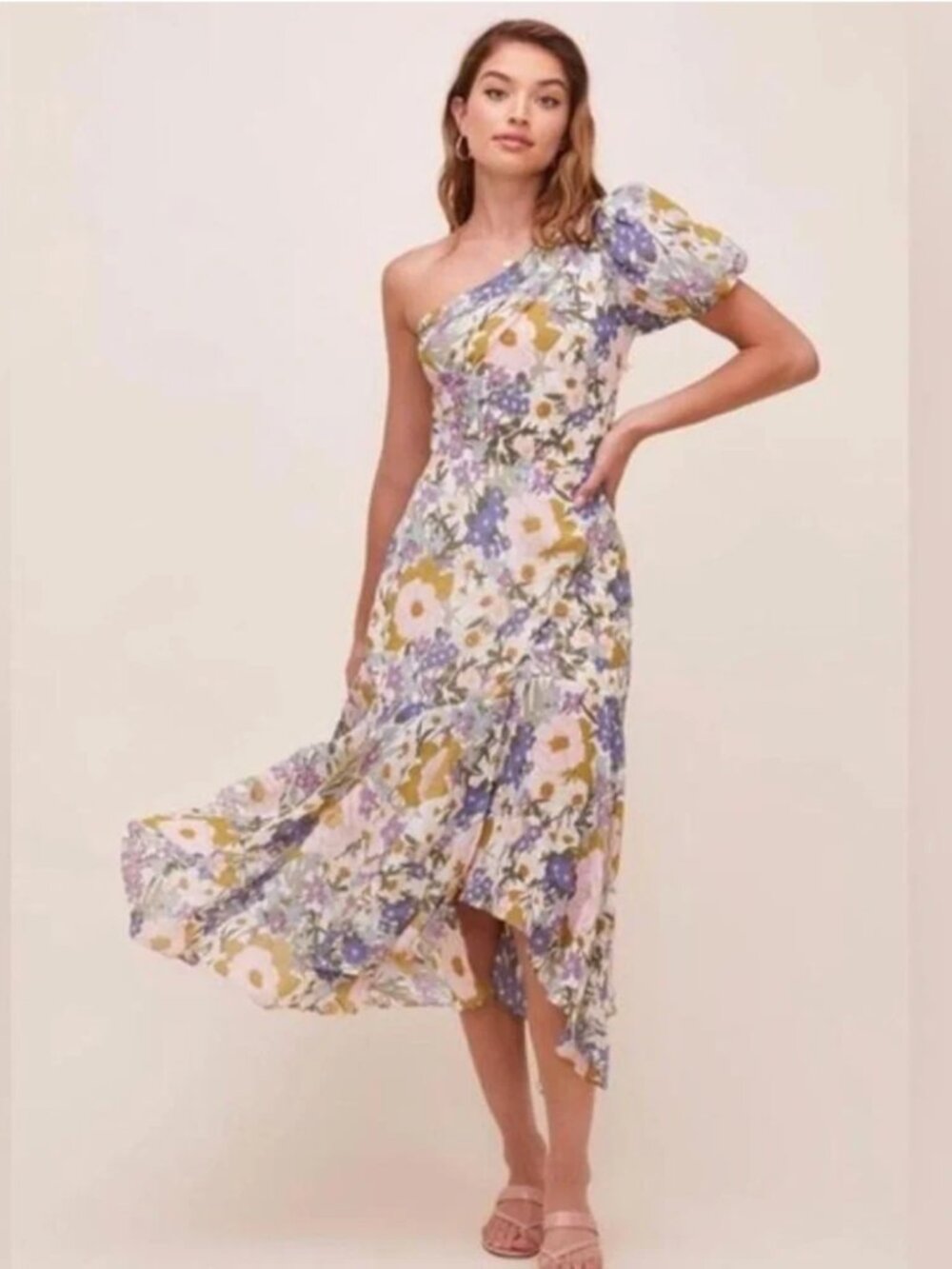 New Flora One-Shoulder Santorini Midi Dress in Olive, Pink & Blue by Astr